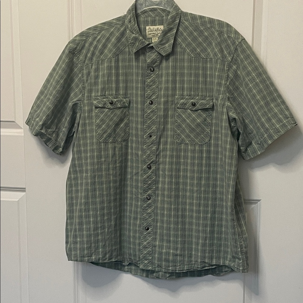 Cabelas Green Plaid Snap Button Shirt XL Outdoor Adventures